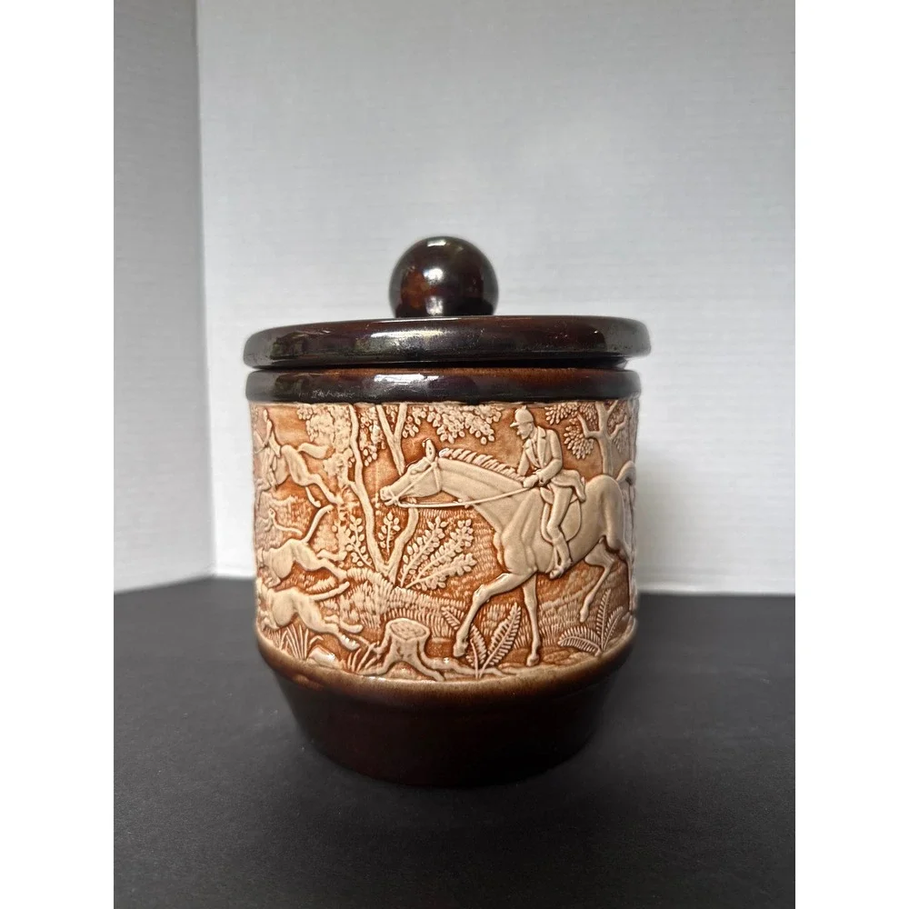 Vintage Ceramic Fox Hunt Scene Canister Lidded Jar Equestrian Relief Brown